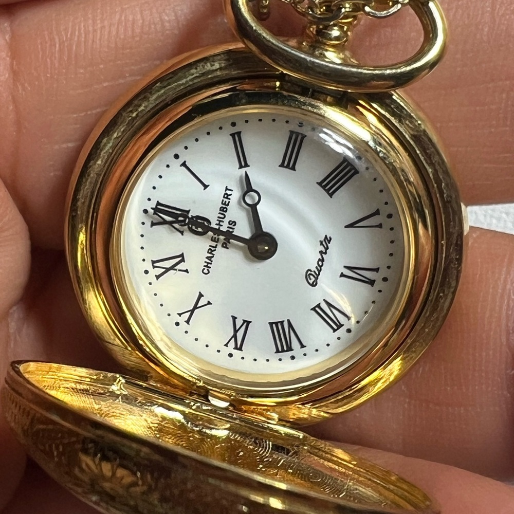 Charles Hubert white Dial Pocket Watch gold tone open vintage Paris Quartz small